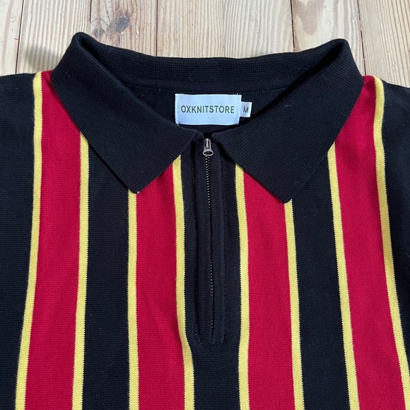 OXXKNITSTORE Mens Knit Striped Polo Shirt Short Sleeve Zip Up Black Red Yellow‎ - Picture 3 of 10